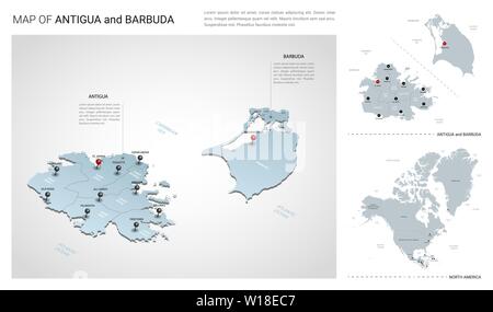 Vektor einrichten von Antigua und Barbuda Insel. Isometrische 3d-Karte, Antigua und Barbuda, Nordamerika Karte - mit Region, Staat Namen und Städtenamen. Fon Stock Vektor
