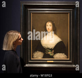 Bonhams, London, UK. 1. Juli 2019. Werke von Brueghel, Constable und de Ribera auf Anzeige in der Alten Meister Sales Preview, am 3. Juli 2019 verkauft werden. Bild: Cornelius Jonson van Ceulen, Bildnis einer Dame, sagte Lettice, Lady Falkland (C. 1612-1647). Schätzung £ 12,000-18,000. Credit: Malcolm Park/Alamy Leben Nachrichten. Stockfoto