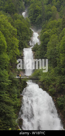 Giessbachfälle im Frühsommer. Herrliche Wasserfälle in der Nähe von Interlaken, Schweiz. Stockfoto