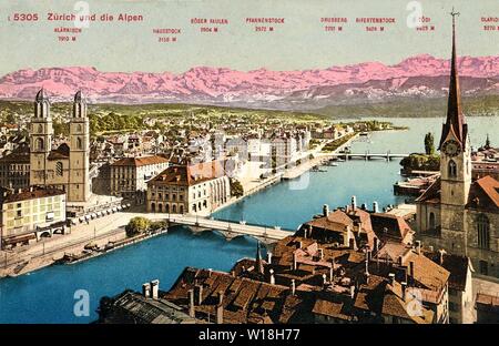 Zürich und die Alpen. Postkarte, 1910-s. Stockfoto