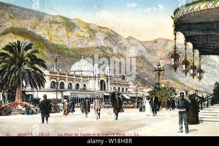 Monte Carlo. Platz mit Casino und Pariser Cafe. Postkarte, 1910. Stockfoto