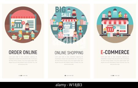 Mobile App Seite integrierten Bildschirm eingestellt. Bilder Vorlage für E-commerce, Online Shopping, Mobile Store. Vector Illustration. User Interface Kit in De Stock Vektor