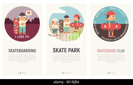 Mobile App Seite integrierten Bildschirm eingestellt. Bilder Vorlage für Skateboard Club, Skatepark, Skateboarding Online Store. Vector Illustration. Benutzeroberfläche Stock Vektor