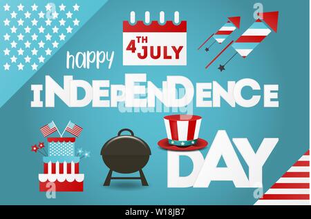 Tag der Unabhängigkeit Grußkarte. Am 4. Juli. Vector Illustration. Blauen Hintergrund. Stock Vektor