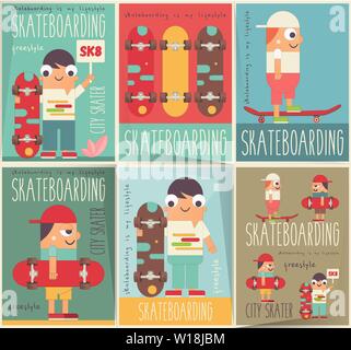 Skateboard Poster Set-Gruppe Jugendlicher Skater auf Training. Eislaufen im Park. Skateboarder mit Skateboards. Vector Illustration. Retro Design. Fla Stock Vektor