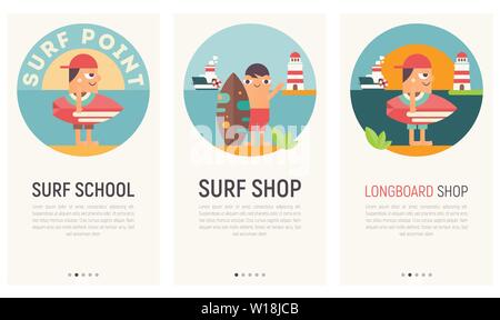 Mobile App Seite Onboard-Set für Surf Club. Bilder Vorlage für Surf Shop, Surfschule, Longboard Online Store. Vector Illustration. Benutzer Stock Vektor