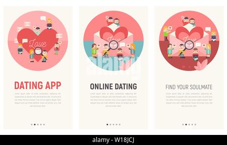 Mobile App Seite Onboard-Bildschirm für Online Dating Site. Bilder Vorlage für Internet oder Remote Beziehung Website oder Webseite. Vektor Illustrati Stock Vektor
