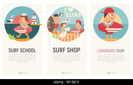 Mobile App Seite integrierten Bildschirm eingestellt. Bilder Vorlage für Surf Shop, Surfschule, Longboard Online Store. Vector Illustration. User Interface Kit in Stock Vektor