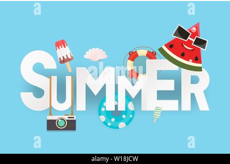 Sommer Poster - Wassermelone, Kamera, Eis auf blauem Hintergrund. Vector Illustration. Stock Vektor