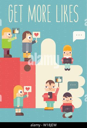 Weitere mag Poster. Social Media Konzept. Cartoon kleine lustige Menschen mit mobilen Gadgets-Laptops und Smartphones. Soziale Netzwerke und Blogs Stock Vektor