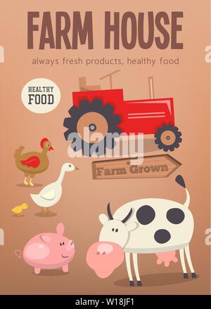 Farm House Poster. Farmers Market. Bauernhof Tiere, Tierhaltung und Traktor. Landwirtschaft Konzept Vorlage Plakat. Vector Illustration. Stock Vektor