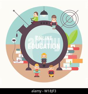 Online Bildung Konzept. Online Kurse, Tutorials, E-Learning. Kleine Leute in der Nähe von Big Cartoon Computer überwachen. Vector Illustration. Stock Vektor