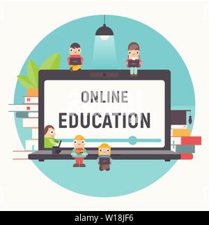 Online Bildung Konzept. Online Kurse, Tutorials, E-Learning. Kleine Größe Cartoon Leute in der Nähe von Big Laptop, Bücher und eine Lampe. Vector Illustration. Stock Vektor