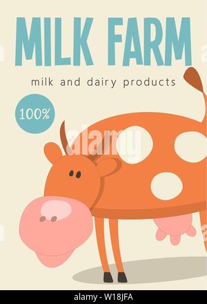 Lustige Kuh. Milch Bauernhof Poster Design. Milchprodukte. Vector Illustration. Stock Vektor