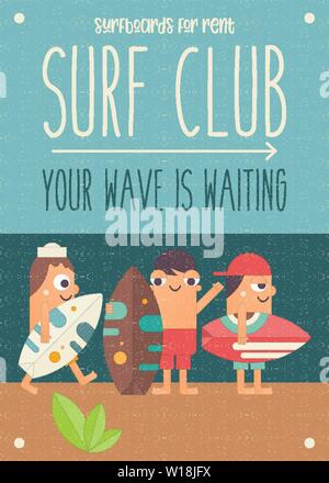 Surfen Poster. Lustige Cartoon Surfer mit Surfbrett am Strand. Vector Illustration. Retro Design. Plakat für das Surfen Club, Website oder Online Shop von Stock Vektor