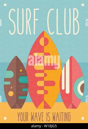 Surfen Poster. Surfbretter am Strand. Vector Illustration. Retro Design. Plakat für das Surfen Club, Website oder Online Shop von Surfmaterial. Welle, Stock Vektor