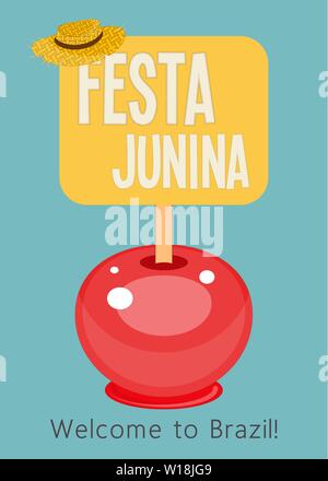Festa Junina - Brasilien Juni Festival. Plakat für Folklore Urlaub. Caramel Apple auf blauem Hintergrund. Vector Illustration. Stock Vektor