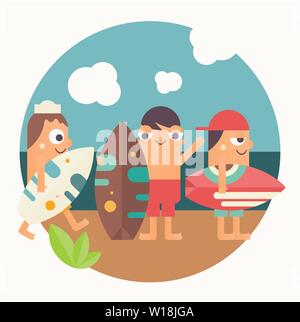 Surfen Poster. Lustige Cartoon Surfer mit Surfbrett am Strand. Vector Illustration. Retro Design. Emblem für Surf Club, Website oder Online Shop von S Stock Vektor