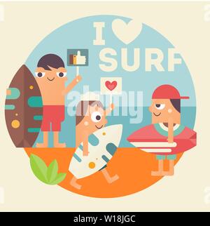 Ich surfe Konzept Poster. Lustige Cartoon Surfer mit Surfbrett am Strand. Vector Illustration. Retro Design. Emblem für Surf Club, Website oder O Stock Vektor