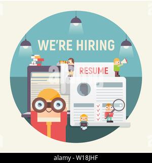 Online Recruitment. Flache Design Vector Abbildung: Business Recruiting mit kleinen Zeichentrickfiguren junge Leute in der Nähe von Big Papier aufzunehmen. Stock Vektor