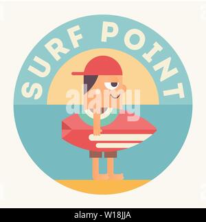 Surfen Poster. Lustige Cartoon Surfer mit Surfbrett unter Text Surf Point. Vector Illustration. Retro Design. Emblem für Surf Club, Website oder Onli Stock Vektor