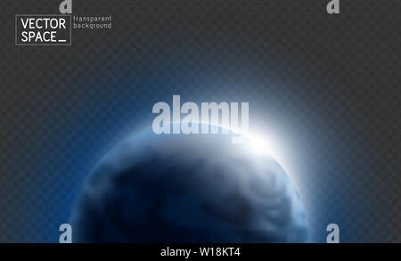 Vektor blauen Planeten Erde mit sunrise in den dunklen Raum auf transparentem Hintergrund isoliert. Blauer Globus Abbildung. Sciense Astronomie design Element. Stock Vektor