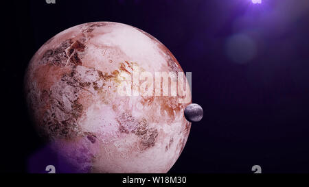 Schönen fremden Planeten, fernen Welt mit Mond in Deep Space System (3d-Wissenschaft rendering) Stockfoto