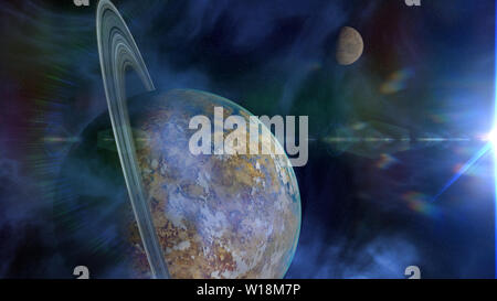 Schönen Fremden Planeten mit ring System, exotische außerirdische Welt mit Monde (3d-Abbildung) Stockfoto