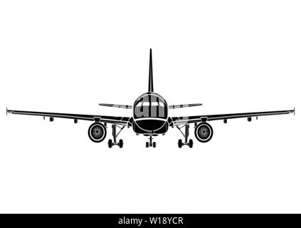 Flugzeuge Flachbild-Symbol, Flugzeug Silhouette, fliegende Maschine Schwarzweißzeichnung Full Face, Flugzeug Vorderansicht, Umrisse skizzieren, Fahrzeug Emblem, Verkehr Stock Vektor