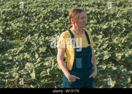Sonnenblume Landwirt in Feld posieren. Weibliche Agrarwissenschaftler steht in jungen Helianthus annuus Plantage. Stockfoto