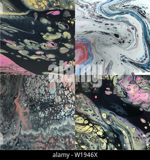 Abstrakte farbenfrohe liquid Acryl Muster mit fluid Technik gemacht. Collage von trendigen Hintergrund. Stockfoto