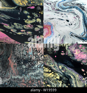 Abstrakte farbenfrohe liquid Acryl Muster mit fluid Technik gemacht. Collage von trendigen Hintergrund. Stockfoto