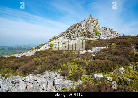 Die stiperstones, Shropshire, England. Trig point auf Manstone rock. Stockfoto