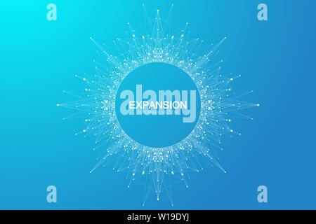 Erweiterung des Lebens. Bunte explosion Hintergrund mit angeschlossenen Leitung und Punkten, Wave fließen. Visualisierung Quantum Technologie. Abstrakte Grafik Stock Vektor