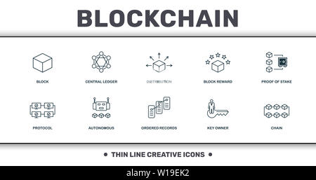 Blockchain eingestellt icons Collection. Enthält einfache Elemente wie Block, zentralen Hauptbuch, Verteilung, Block belohnen, Nachweis der Beteiligung, autonomen und Stockfoto