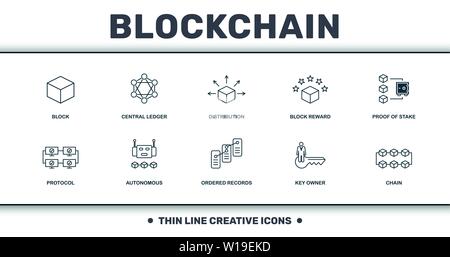 Blockchain eingestellt icons Collection. Enthält einfache Elemente wie Block, zentralen Hauptbuch, Verteilung, Block belohnen, Nachweis der Beteiligung, autonomen und Stock Vektor