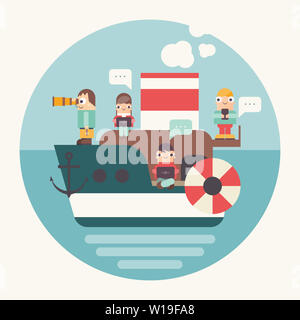 Konzept der Teamarbeit und Business Startup. Cartoon kleine Leute segeln mit dem Schiff. Kohäsive Teamarbeit im Anlauf. Vector Illustration für Web Seite, Banner Stockfoto
