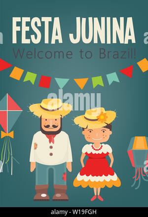 Festa Junina - Brasilien Juni Festival. Plakat für Folklore Urlaub. Cartoon Menschen und Festival Symbole. Vector Illustration. Stockfoto