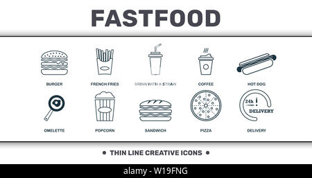 Fastfood Icons Thin Line Set Kollektion. Enthält kreative Elemente wie Burger, Pommes Frites, Getränk mit STROH, Kaffee, Hot Dog, Pizza und Stockfoto