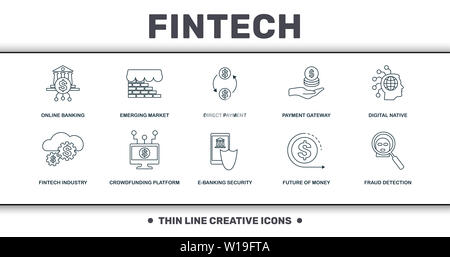 Fintech eingestellt icons Collection. Enthält einfache Elemente wie Online Banking, Emerging Market, Direktzahlung, Digital Native, Crowdfunding Plattform Stockfoto