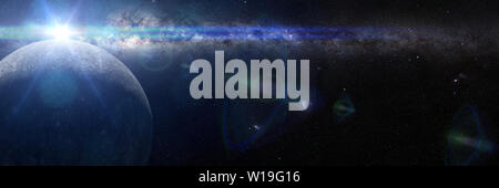 Sonnenaufgang über Planet Merkur von der Sonne und der Milchstraße (3d-render Banner, Elemente dieses Bild sind von der NASA ausgestattet) Stockfoto