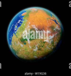 Terraforming Mars, der Rote Planet mit Pflanzen, Wasser und Sauerstoff Atmosphäre, auf schwarzen Hintergrund (3D-Raum zu machen, Elemente dieses Bild isoliert sind. Stockfoto