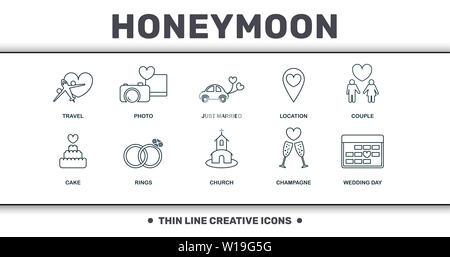 Honeymoon Icons Thin Line Set Kollektion. Enthält kreative Elemente wie Reisen, Foto, Just Married, Standort, Paar, Euphile Tower und Kirche Stockfoto