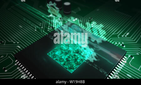 Data Management glühende Hologramm über funktionierende cpu im Hintergrund. Modernes und futuristisches Konzept von Dateien, die Speicherung, Internet-Sicherheit, Cloud Computing und d Stockfoto