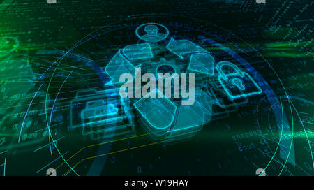 Datenmanagement Hologramm auf dynamische FUTURISTISCHEN Hintergrund. Modernes und futuristisches Konzept von Dateien, die Speicherung, Cyber Security, Computer und digitale p Stockfoto