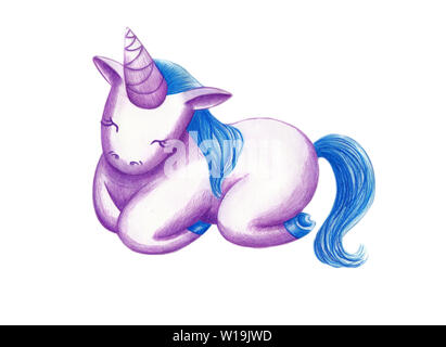 Süß schlafen Einhorn liegt. Aquarell und Buntstifte. Die Abbildung kann verwendet werden, um eine Einladung zu einem Feiertag zu erstellen, drucken Stockfoto
