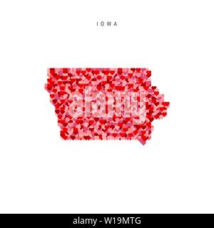 Ich liebe es, Iowa. Rot und rosa Herzen Muster vektorkarte von Iowa isoliert auf weißem Hintergrund. Stock Vektor