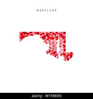 Ich liebe es, Maryland. Rot und rosa Herzen Muster vektorkarte von Maryland isoliert auf weißem Hintergrund. Stock Vektor