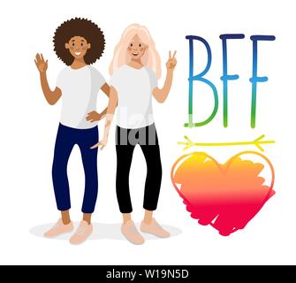 Zwei lächelnde Mädchen, Hand gezeichnet Phrase BFF und Herz auf weißem Hintergrund. Die besten Freunde sind afrikanische amerikanische und kaukasische Mädchen. Vector Illustration in flachen Cartoon-stil auf weißem Hintergrund. Stock Vektor