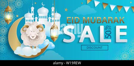 Verkauf Banner für Eid Mubarak, halber Preis Flyer. Stock Vektor